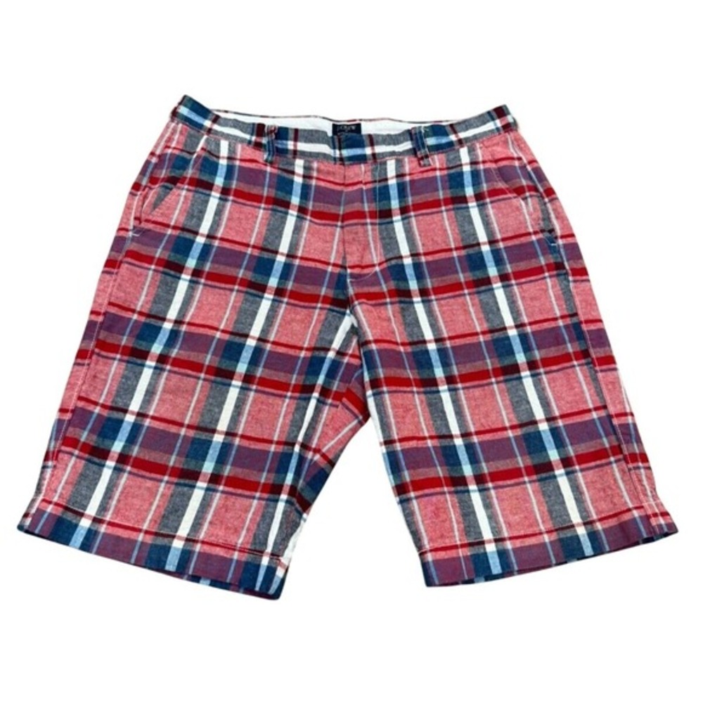 Men's J‎ Crew Rivington Plaid Linen Blend Red Blue Bermuda Shorts Preppy Size 32
